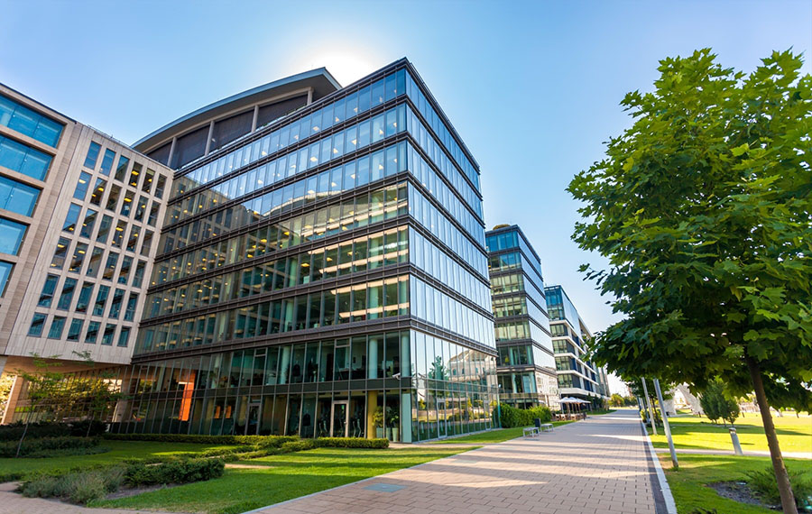 An office building with glass windows